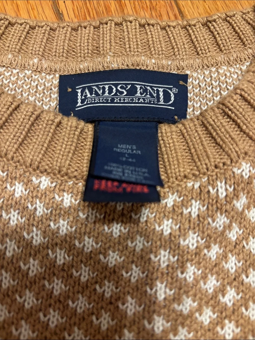Vintage Lands End  Tan and Cream Textured Crewneck Sweater Heavy 100% Cotton